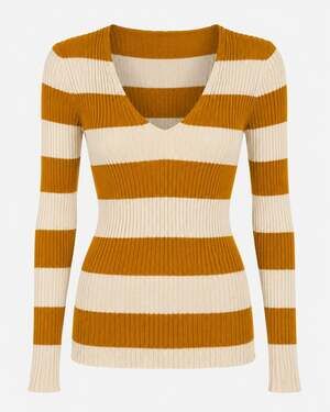 Roberto Collina Ribbed Stripe Knit Sweater Top Womens M V-Neck Mustard Cream
